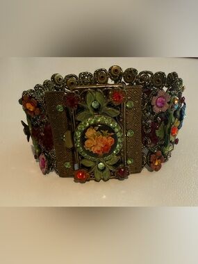 Michal Negrin Floral Jeweled  Bracelet in Antique Gold with Multicolor Gems